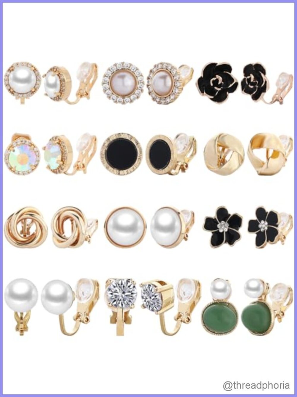 12 Pairs Clip On Stud Earrings Set Non-Piercing Alloy Cubic Zirconia